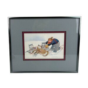 Vintage Rie Munoz 1984 Sled Dogs Alaska Huskies Eskimo Framed Winter Art